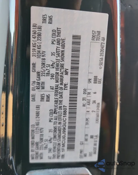 2016 Ford Escape Titanium from USA, damaged, VIN 1FMCU0J99GUC18807